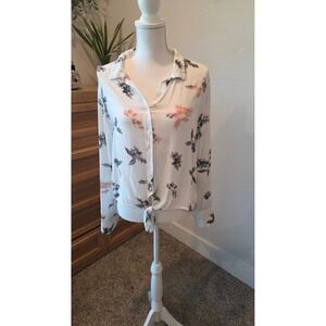 Cloth & Stone Palm Print Tie Front Button Down Shirt White Tropical Boho Small